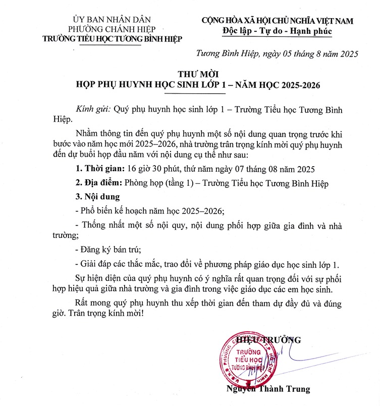 Thư mời họp phụ huynh lớp 1 năm học 2025 2026