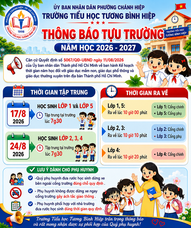 Trường Tiểu học Tương Bình Hiệp thông báo tựu trường năm học 2026 - 2027